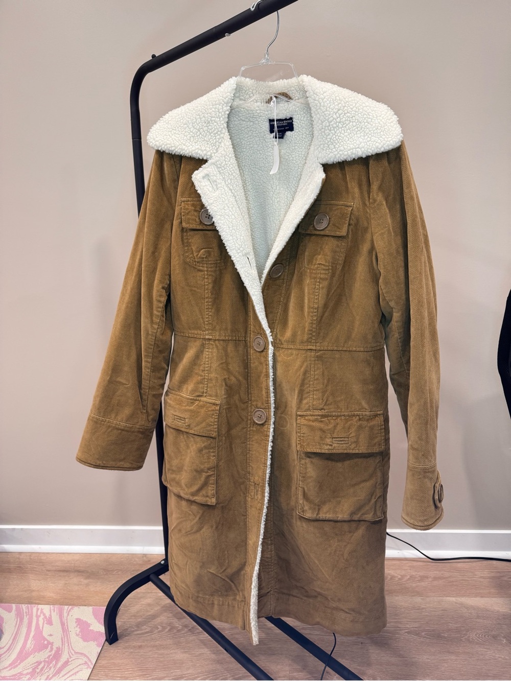 American Eagle Outfitters Tan Corduroy Trench with White Sherpa Collar